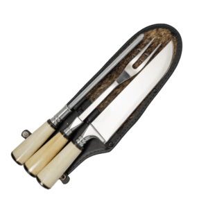 Conjunto Faca 10"/Garfo/Chaira Inox Cabo Osso Luxo com Bainha Couro