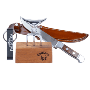 Kit Tridente com Base Madeira + Faca Inox 8" Palmeira Com Bainha Couro + Chaveiro