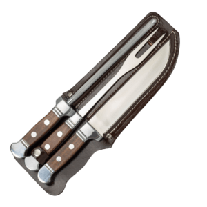 Conjunto Faca 8"/Garfo/Chaira Inox Cabo Madeira com Bainha Couro
