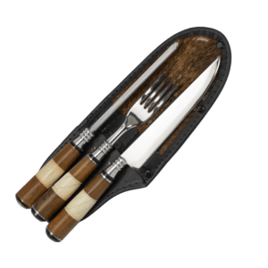 Conjunto Faca 6"/Garfo/Chaira Inox Cabo Osso/Madeira/Metal com Bainha Couro