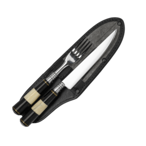 Conjunto Faca 6"/Garfo Inox Cabo Osso/Chifre/Metal com Bainha Couro