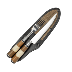 Conjunto Faca 6"/Garfo Inox Cabo Osso/Madeira/Metal com Bainha Couro