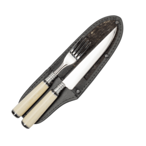 Conjunto Faca 6"/Garfo Inox Cabo Osso Luxo com Bainha Couro