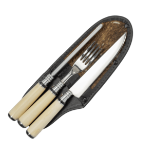 Conjunto Faca 6"/Garfo/Chaira Inox Cabo Osso Luxo com Bainha Couro