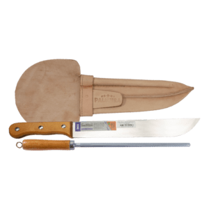 Conjunto Pantaneiro Facão Inox 10" + Chaira 10" Cabo Madeira com Bainha Couro